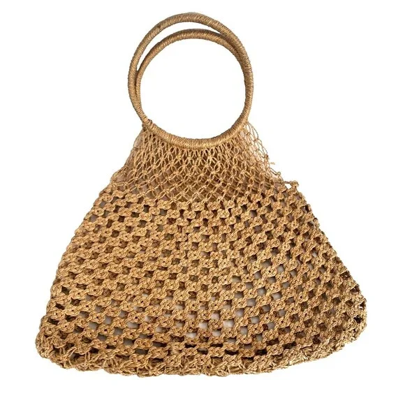 MANGO Shopper Bag Crochet Mesh Net Braided Jute Tote XL Handbag Brown Ltd Editio - Picture 9 of 14
